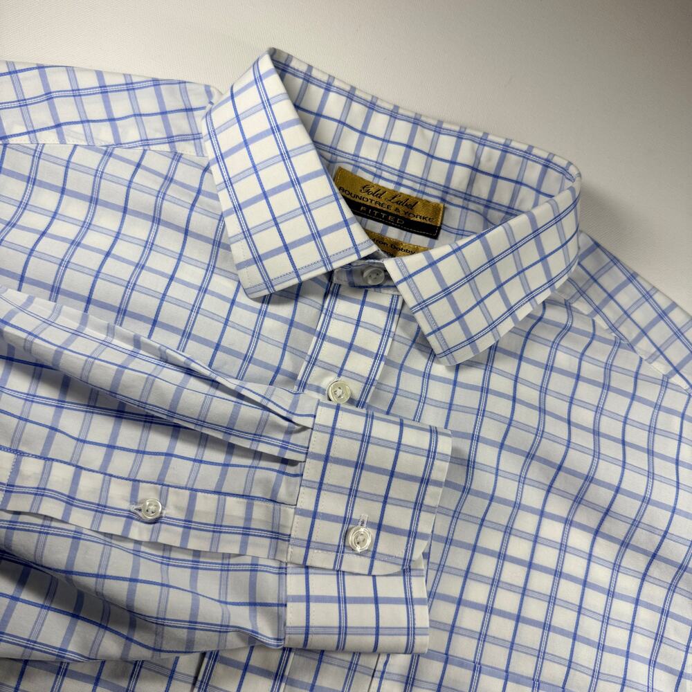 Roundtree Yorke Gold Label Shirt Mens 16.5 35 Fitted Blue Plaid Non Iron Cotton
